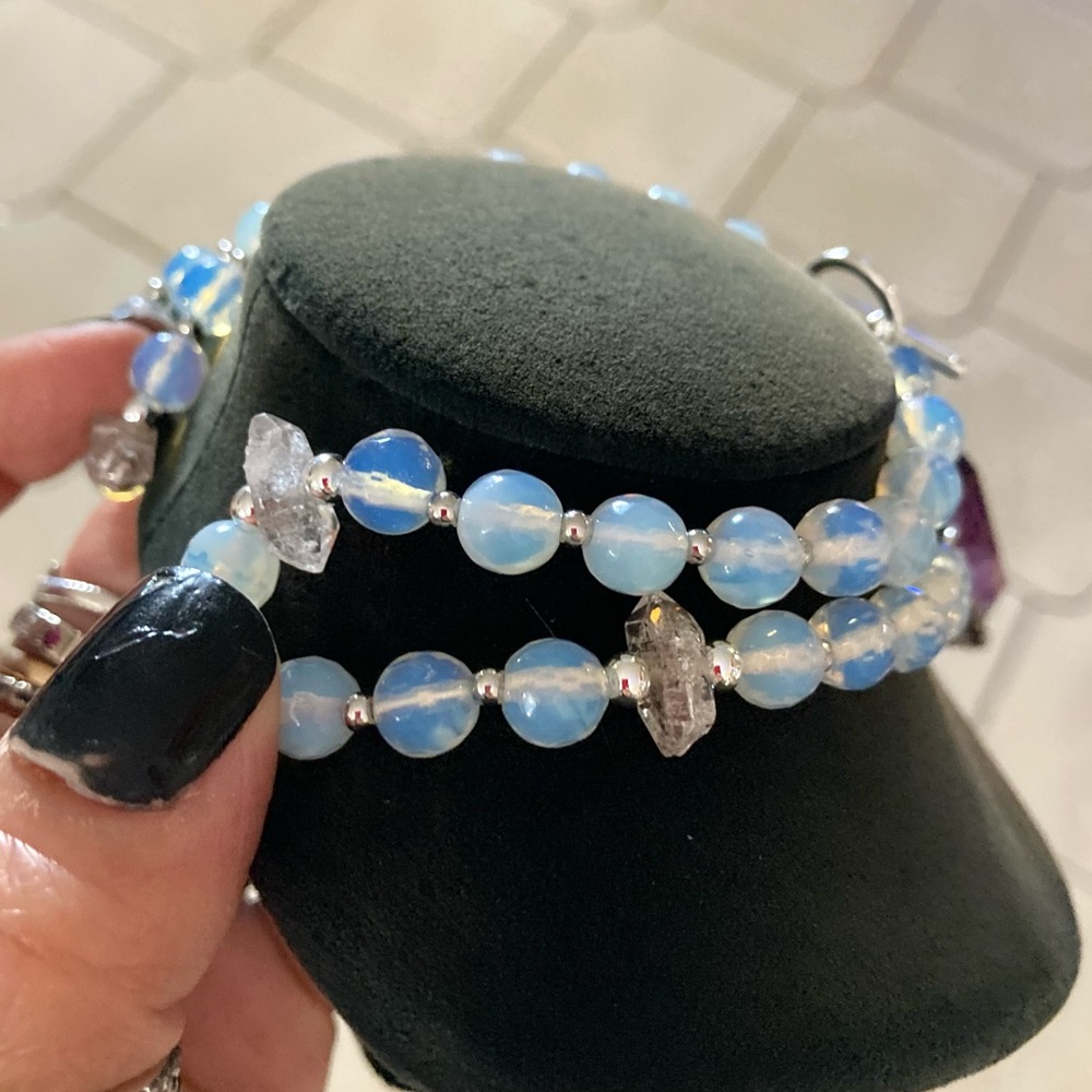 Amethyst , Herkimer diamonds crystal quartz & blue opalite beads boho necklace - Picture 5 of 16
